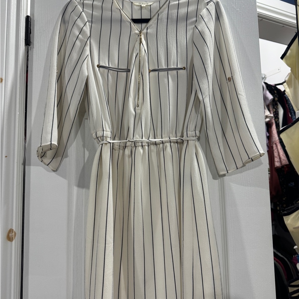 Ciso Cream and Black Striped Long Sleeve Dress